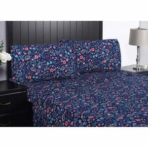 South Point FULL Microfiber Fitted & Flat Sheet Bedding Set Navy Blue Floral